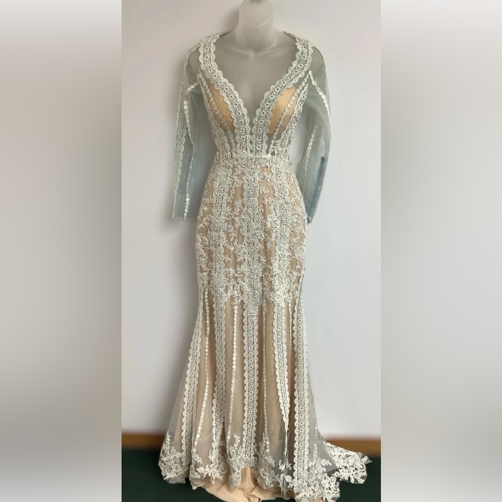 Very Rare - Mac Duggal Cream Sequin Embellished Gown with Bishop Sleeves